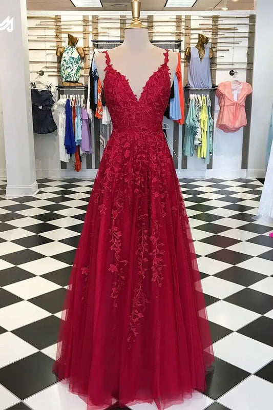 Red Floor-Length V-Neck A-Line Tulle Prom Evening Dresses with Appliques