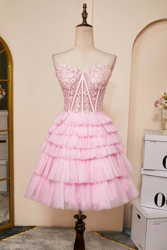 Blushing Pink Tiered Tulle Homecoming Dresses with Appliques