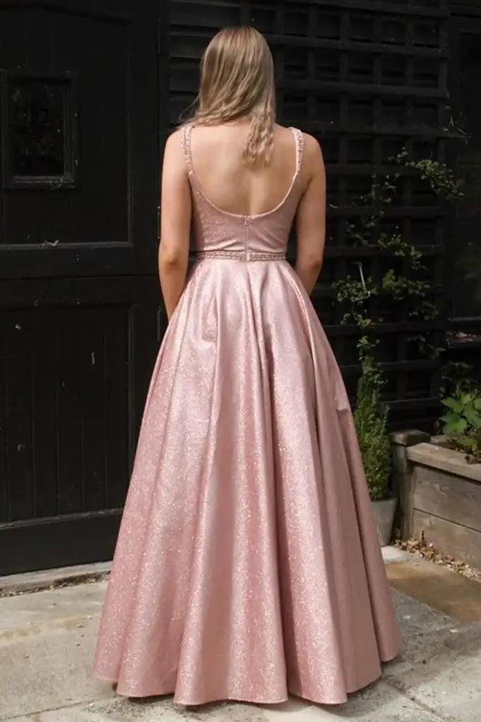 A-Line Satin Floor-Length Sleeveless Prom Dresses with Pockets