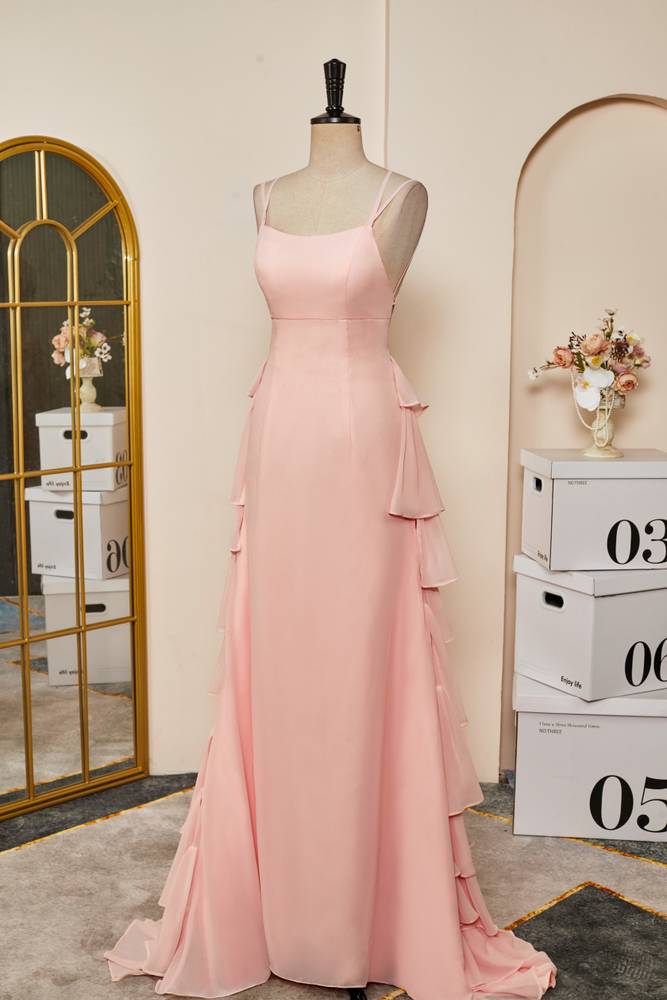 Pearl Pink Criss Cross Straps Column Chiffon Formal Dresses with Ruffles