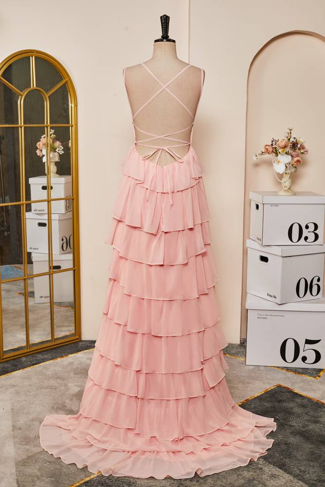 Pearl Pink Criss Cross Straps Column Chiffon Formal Dresses with Ruffles