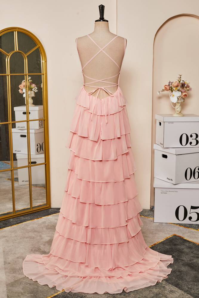 Pearl Pink Criss Cross Straps Column Chiffon Formal Dresses with Ruffles