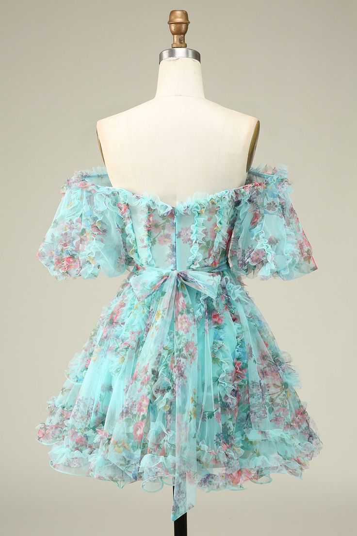 Mint Green Short Sleeves A-Line Floral Tulle Homecoming Dresses