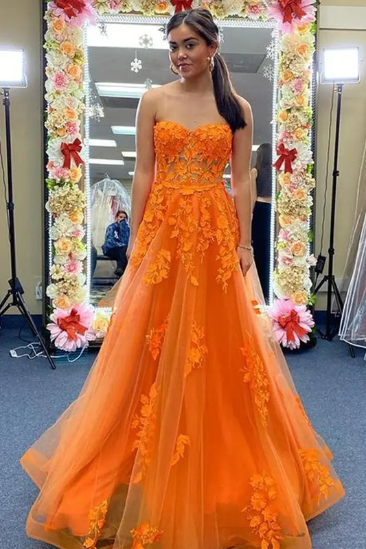 Orange Long A-Line Strapless Tulle Prom Dresses with Appliques