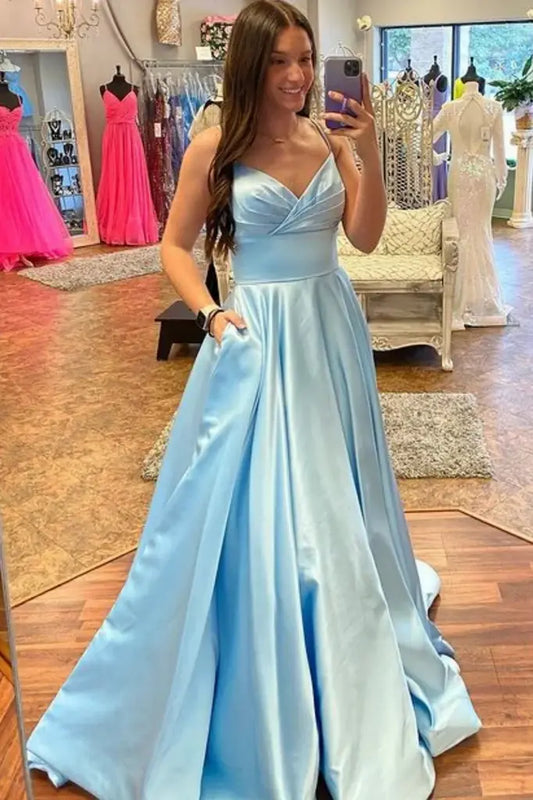 Blue Long A-Line Satin Spaghetti Straps Formal Dresses with Pockets