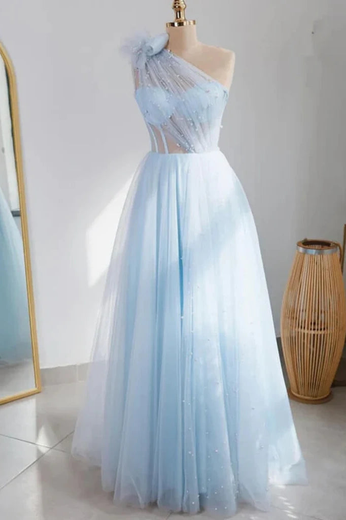 Sky Blue A-Line Tulle One-Shoulder Floor-Length Party Dresses with Beads