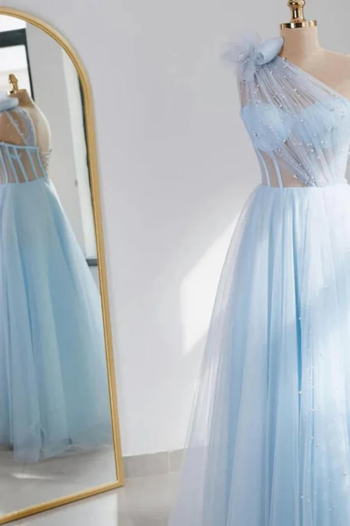 Sky Blue A-Line Tulle One-Shoulder Floor-Length Party Dresses with Beads