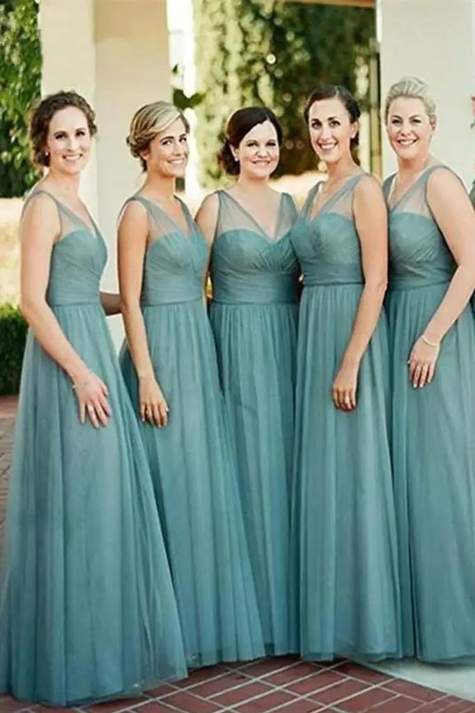 V-Neck Sleeveless A-Line Tulle Bridesmaid Dresses