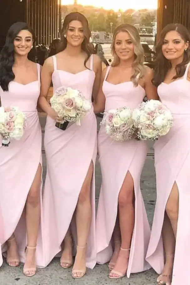 Pink Sleeveless Mermaid Split Front Satin Bridesmaid Dresses