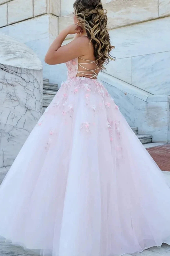 Blushing Pink A-Line Spaghetti Straps Floral Tulle Prom Dresses with Appliques