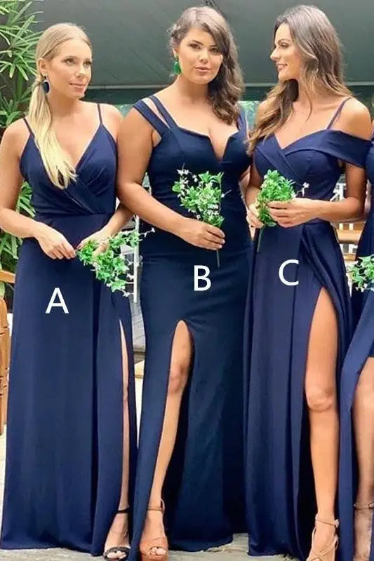 Floor-Length V-Neck Satin Bridesmaid Dresses with Slit