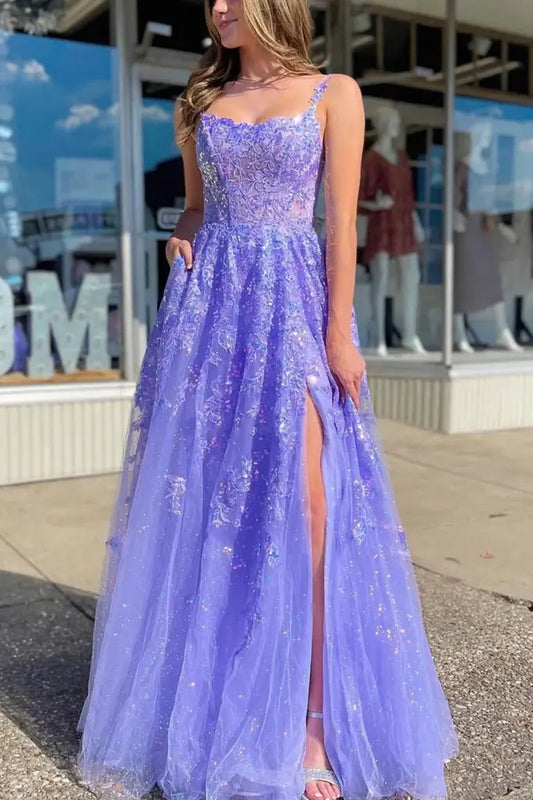 Lavender Spaghetti Straps Backless A-Line Tulle Party Prom Dresses with Slit