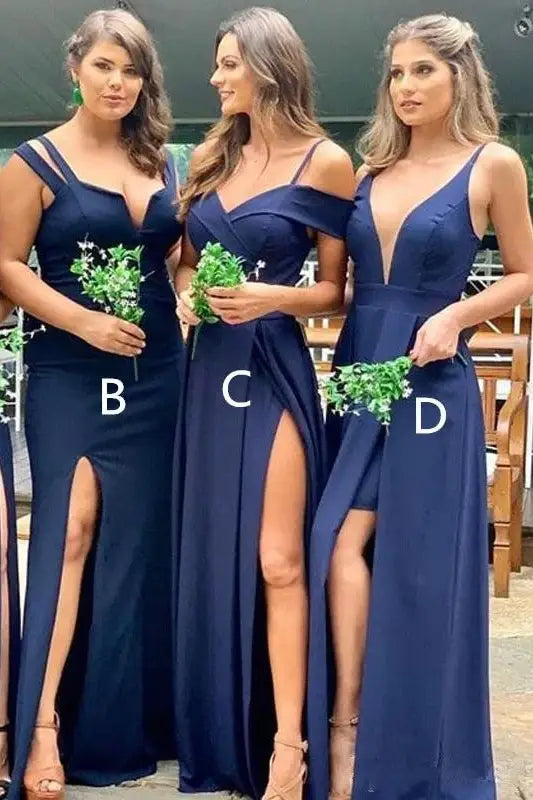 Floor-Length V-Neck Satin Bridesmaid Dresses with Slit