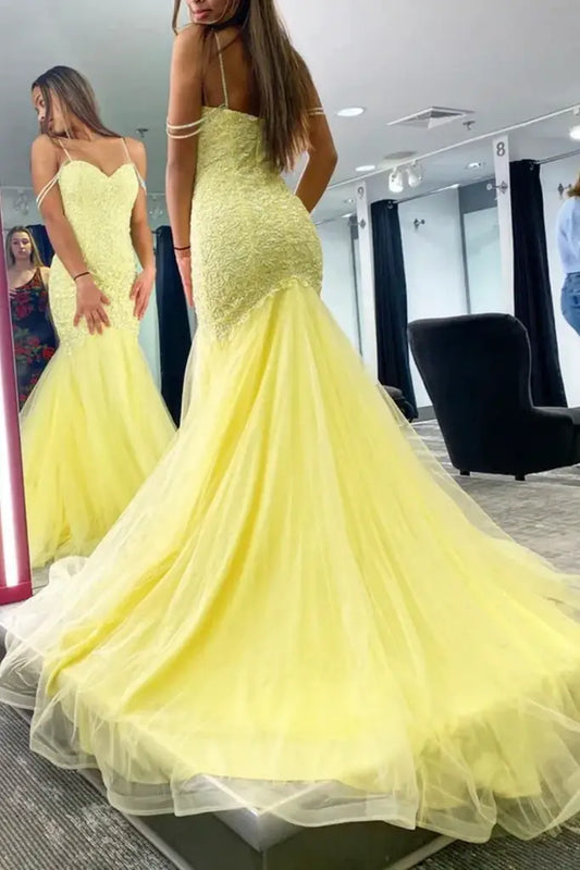 Daffodil Sweetheart Sleeveless Tulle Mermaid Prom Dresses