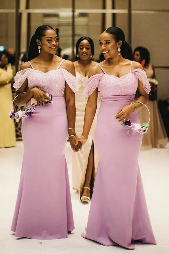 Pink Off-The-Shoulder Mermaid Lace Satin Bridesmaid Dresses