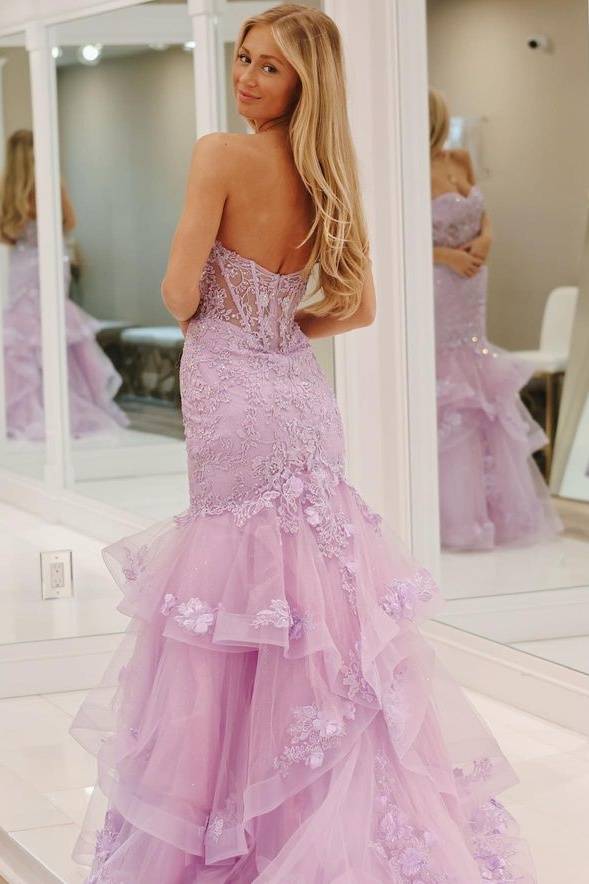 Light Purple Sweetheart Strapless Mermaid Prom Dresses with Appliques