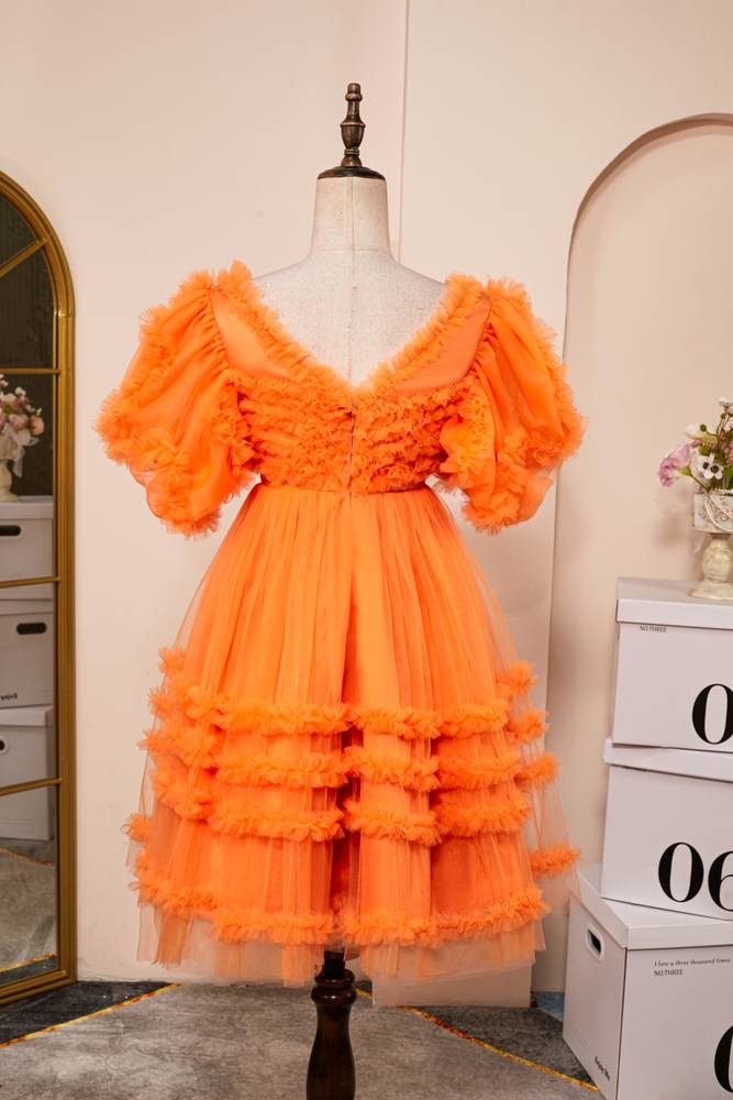 Orange V-Neck Short Sleeves A-Line Tulle Homecoming Dresses