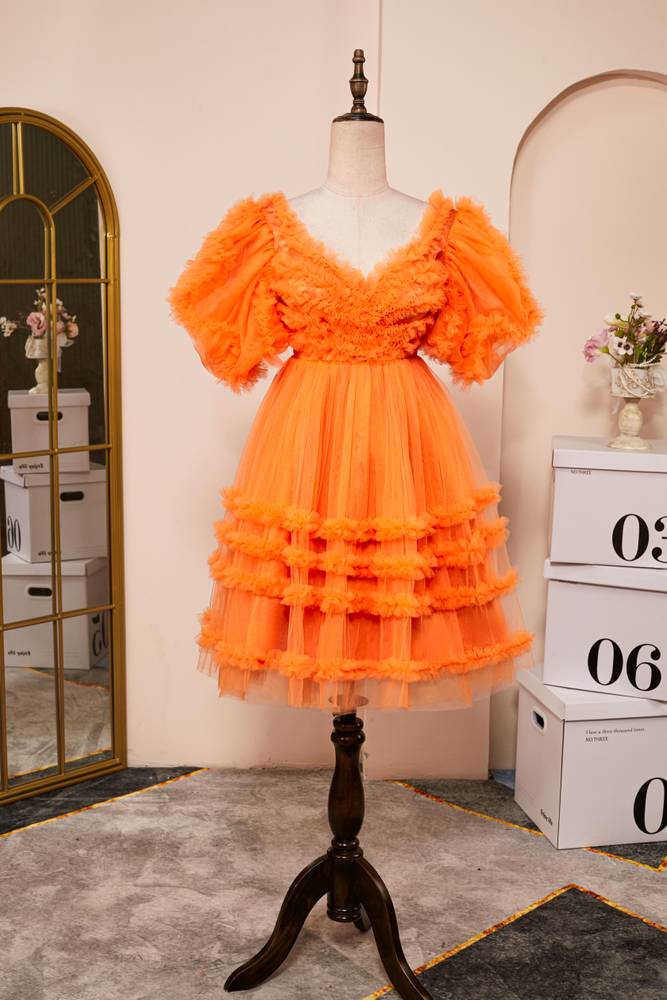 Orange V-Neck Short Sleeves A-Line Tulle Homecoming Dresses