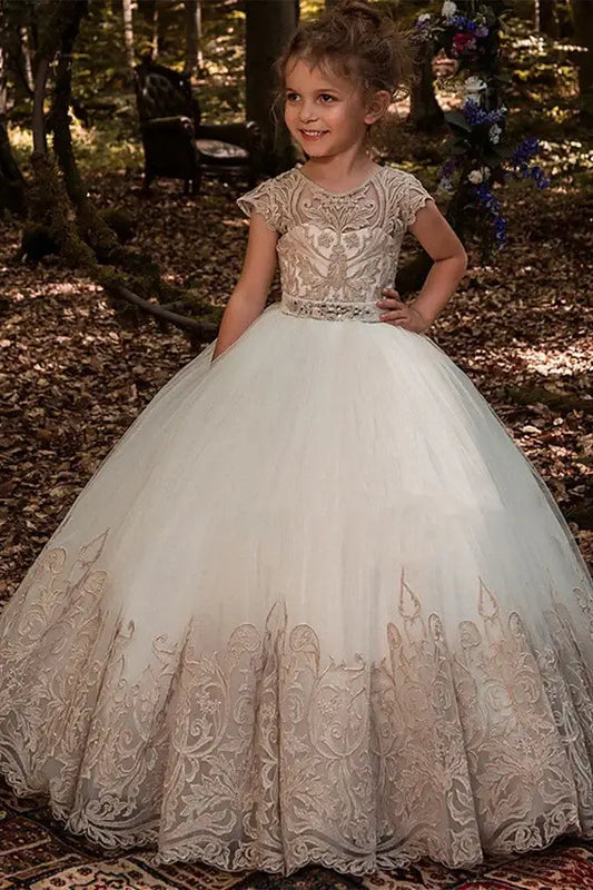 Capped Ball Gown Tulle Flower Girl Dresses with Appliques