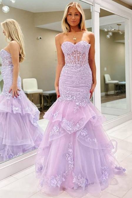 Light Purple Sweetheart Strapless Mermaid Prom Dresses with Appliques