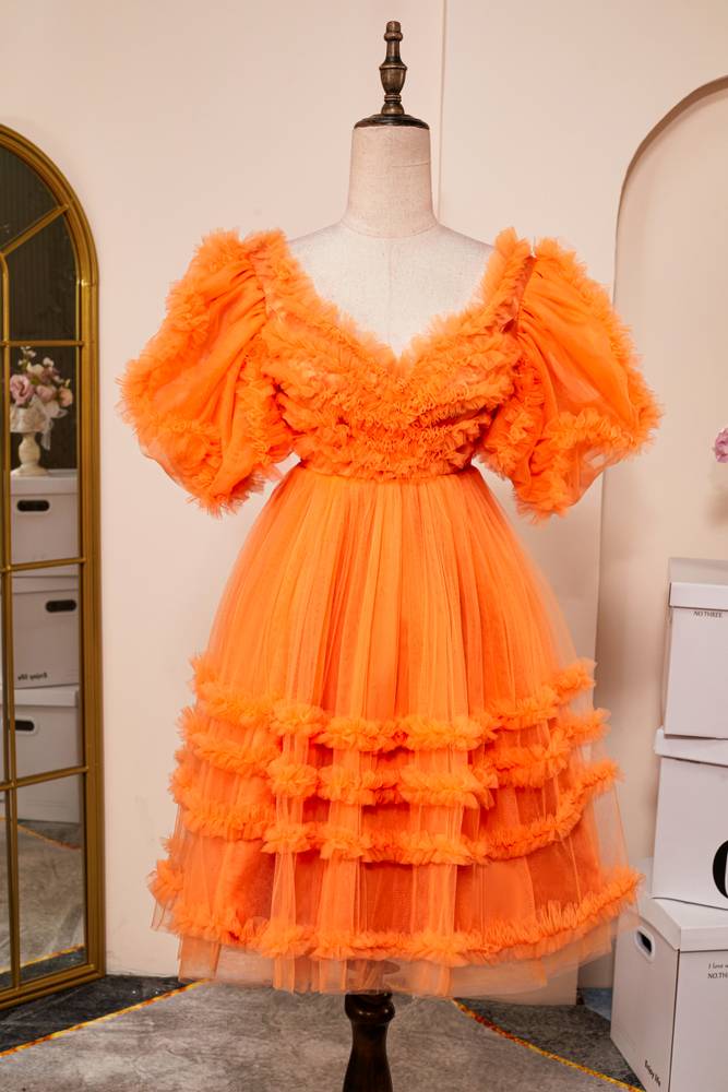 Orange V-Neck Short Sleeves A-Line Tulle Homecoming Dresses