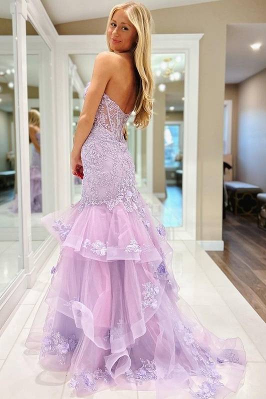 Light Purple Sweetheart Strapless Mermaid Prom Dresses with Appliques