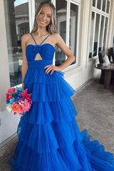 Spaghetti Straps A-Line Tulle Party Evening Dresses with Ruffles