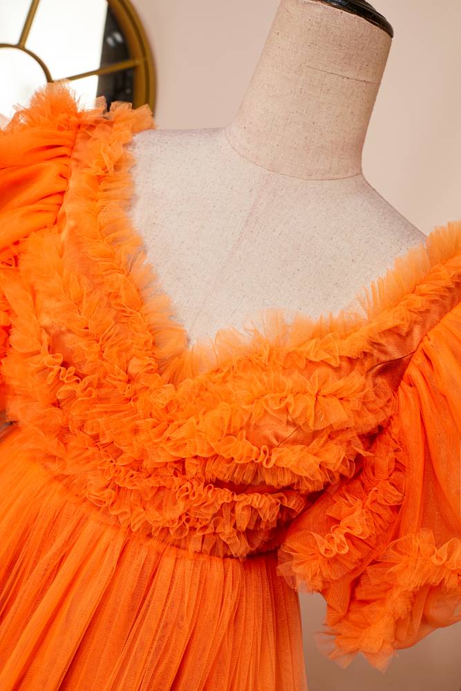 Orange V-Neck Short Sleeves A-Line Tulle Homecoming Dresses