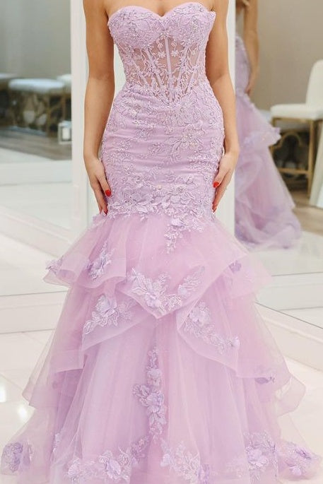 Light Purple Sweetheart Strapless Mermaid Prom Dresses with Appliques