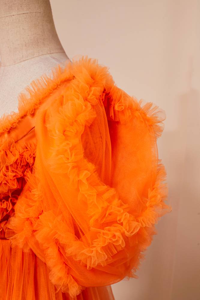 Orange V-Neck Short Sleeves A-Line Tulle Homecoming Dresses