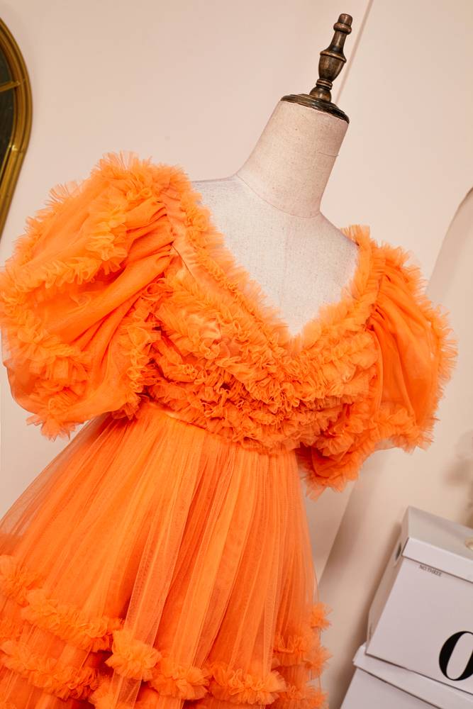 Orange V-Neck Short Sleeves A-Line Tulle Homecoming Dresses