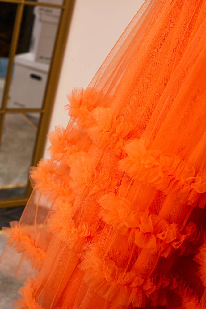 Orange V-Neck Short Sleeves A-Line Tulle Homecoming Dresses