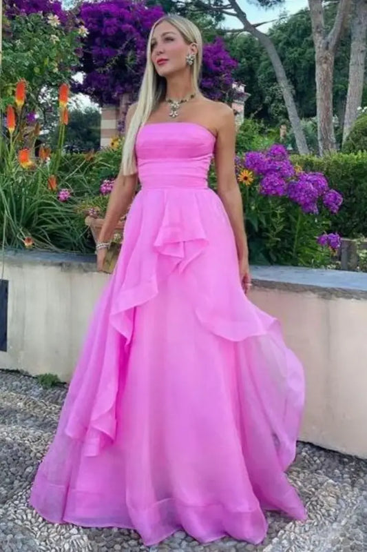 Fuchsia Strapless A-Line Tulle Party Formal Dresses with Ruffles