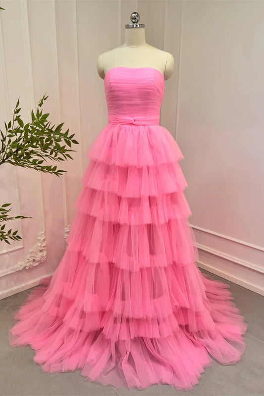 Tiered A-Line Strapless Tulle Party Prom Dresses with Sweep Train