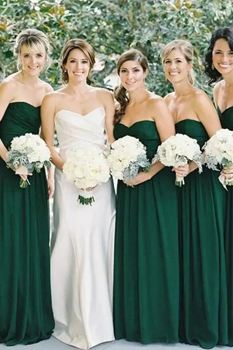 Dark Green Strapless Sweetheart Chiffon Bridesmaid Dresses