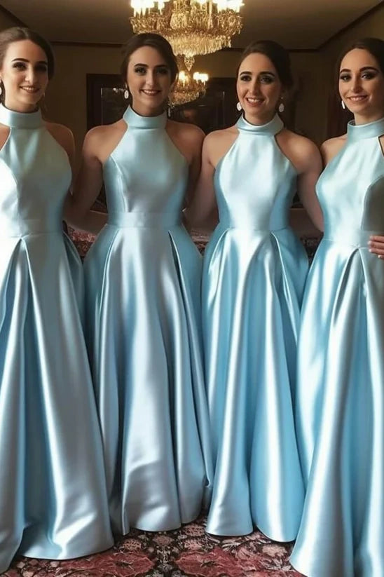 Light Blue Halter A-Line Satin Bridesmaid Dresses