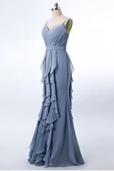 Dusty Blue Floor-Length V-Neck Mermaid Chiffon Bridesmaid Dresses