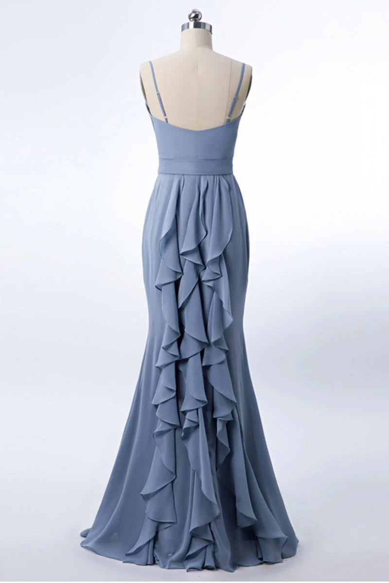 Dusty Blue Floor-Length V-Neck Mermaid Chiffon Bridesmaid Dresses