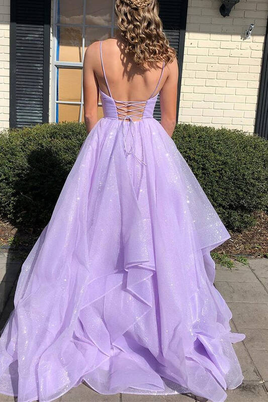 Light Purple Sparkly V-Neck A-Line Tulle Prom Dresses with Ruffles