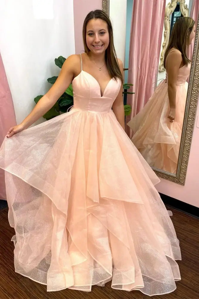 Pearl Pink Sparkly V-Neck A-Line Tulle Prom Dresses with Ruffles