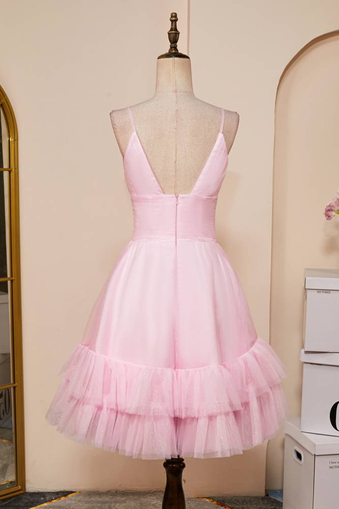 Blushing Pink Spaghetti Straps A-Line Tulle Homecoming Dresses with Ruffles