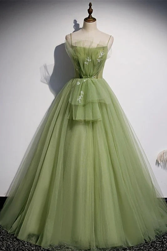 Green Spaghetti Straps A-Line Tulle Formal Prom Dresses with Beads