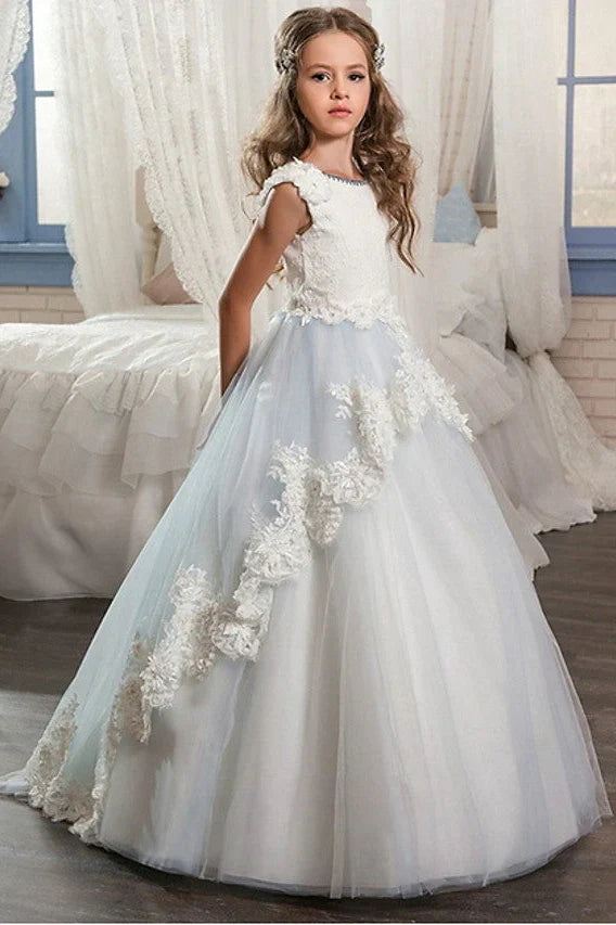 Jewel Neck Sleeveless A-Line Tulle Flower Girl Dresses with Appliques