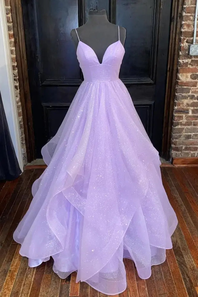 Light Purple Sparkly V-Neck A-Line Tulle Prom Dresses with Ruffles