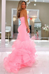 Pink Strapless Mermaid Satin Tulle Prom Dresses with Ruffles