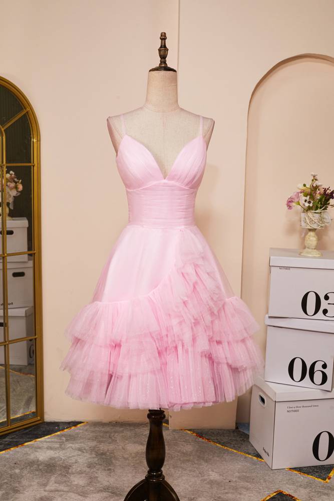 Blushing Pink Spaghetti Straps A-Line Tulle Homecoming Dresses with Ruffles