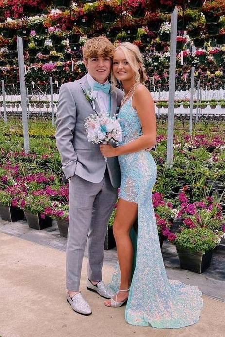 Light Blue V-Neck Mermaid Sequined Sleeveless Prom Dresses