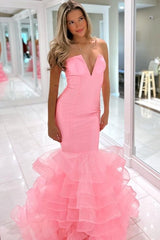 Pink Strapless Mermaid Satin Tulle Prom Dresses with Ruffles