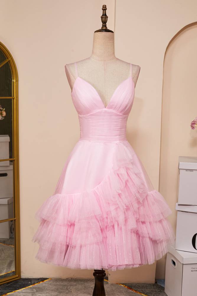 Blushing Pink Spaghetti Straps A-Line Tulle Homecoming Dresses with Ruffles