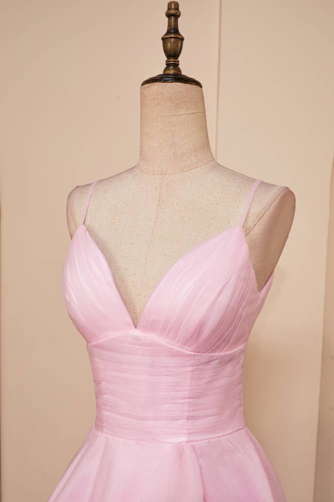 Blushing Pink Spaghetti Straps A-Line Tulle Homecoming Dresses with Ruffles